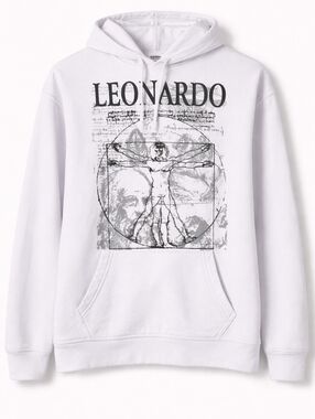 Leonardo Da Vinci Vitruvian Man Graphic Hoodie White Pullover Sweatshirt Size M